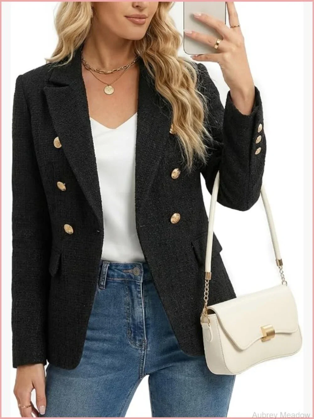 Double Breasted Tweed Blazer with Pockets Long Sleeve Office Jacket